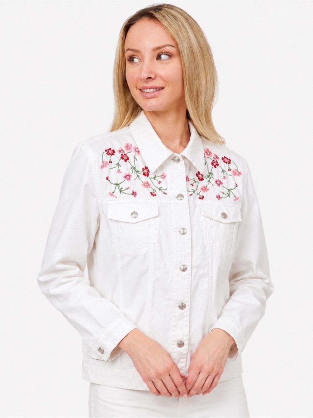 Embroidered Floral White Denim Jacket